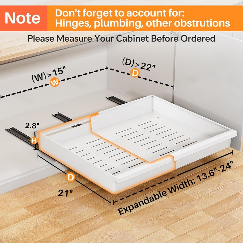 PXRACK Pull out Cabinet Organizer, 1-Pack Expandable(13.6"-24") Silde out Drawers with Raising Pad for Framed Cabinets, Adjustable Full-Extension Adhesive Roll out Shelves for Kitchen Pantry Home Pot and Pan - Image 4